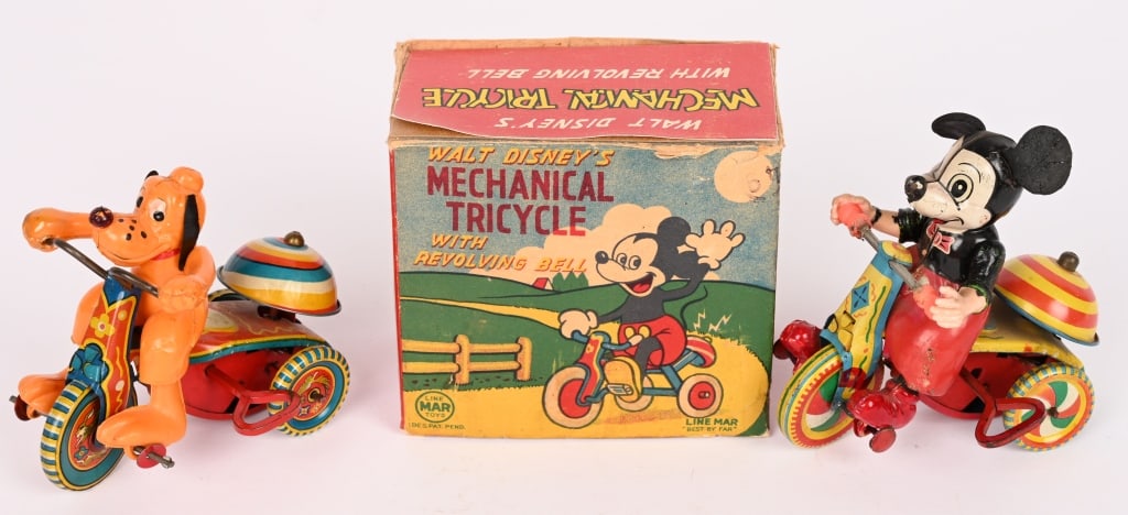 2-LINEMAR WINDUP DISNEY TRICYCLES: Lot includes Mickey Mouse Mechanical Tricycle. Mickey has wrong figure. Windup works. Comes with original box. Pluto has one hand that has been repaired and has a couple dents. Windup works. Overall