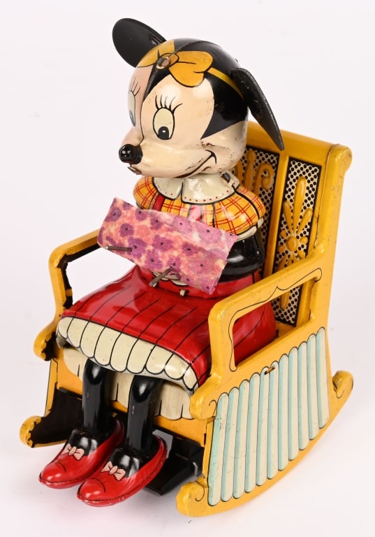 LINEMAR TIN WINDUP MINNIE MOUSE KNITTER: Great looking Disney toy. has great colors. Windup works. 6 1/2" Excellent