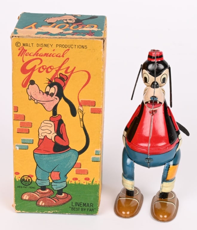 LINEMAR TIN WINDUP WHIRL TAIL GOOFY w/ BOX: All original and complete. Windup works. There is a portion of tail missing. Boxed 5 1/2" Excellent
