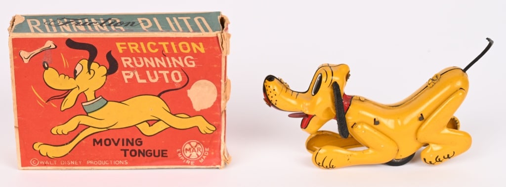 MARX FRICTION RUNNING PLUTO w/BOX: All original and complete. Friction works. Comes with original box. Missing 2 inside flaps and one end flap has been reattached. 4-1/2" Excellent