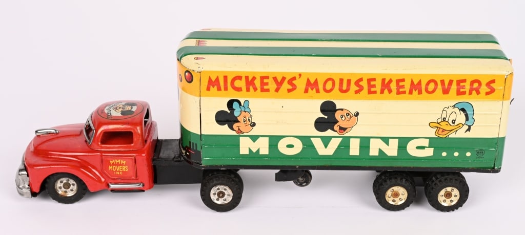 LINEMAR TIN FRICTION MICKEY MOUSE MOVING VAN: Linemar tin windup Mickey Mouse Moving Van. All original and complete with both back doors. Toy has nice colors and graphics. Friction works. 12 1/2" Very Good-Excellent