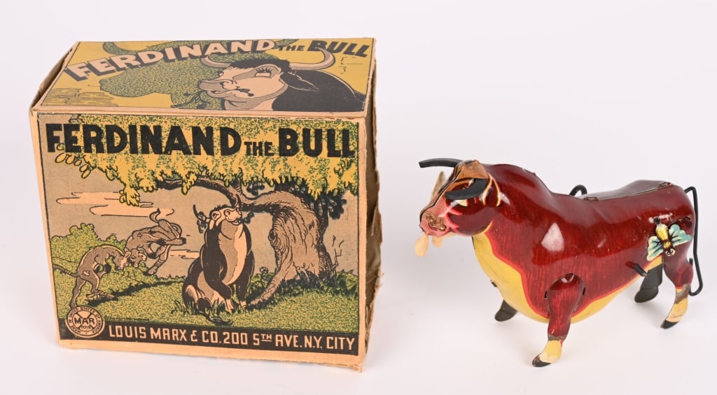 MARX WINDUP FERDINAND THE BULL w/ BOX: All original in great condition. Windup works. Comes with original box. One side of box need flaps reattached. 6" Excellent