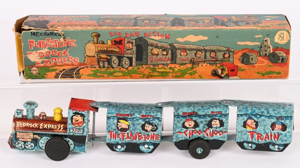 MARX FLINTSONES BEDROCK EXPRESS TRAIN w/BOX: Linemar tin windup Bedrock Express. All original with great Flintstones graphics. Windup works. Comes with original box . 12 1/2" Excellent
