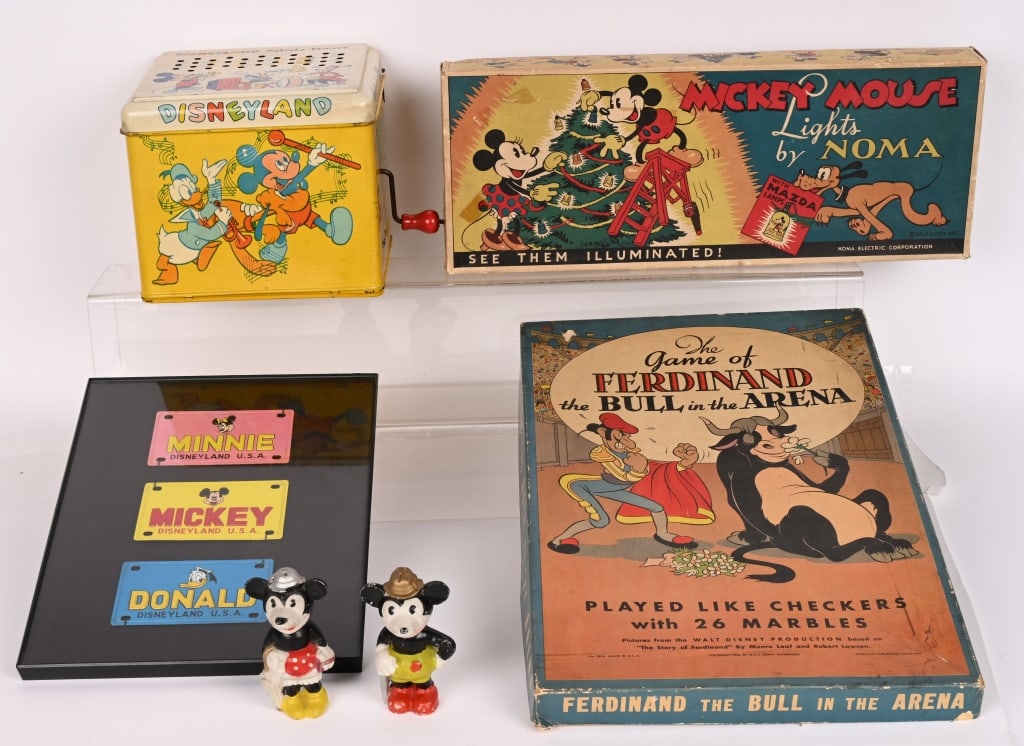 VINTAGE DISNEY TOY LOT: Lot includes J. Chein Disneyland Melody Player and it works. Just the box of Mickey Mouse Lights by Noma. 2 Japan Bisque figures Mickey & Minnie. 3 Disneyland License Plates. The game of Ferdinand