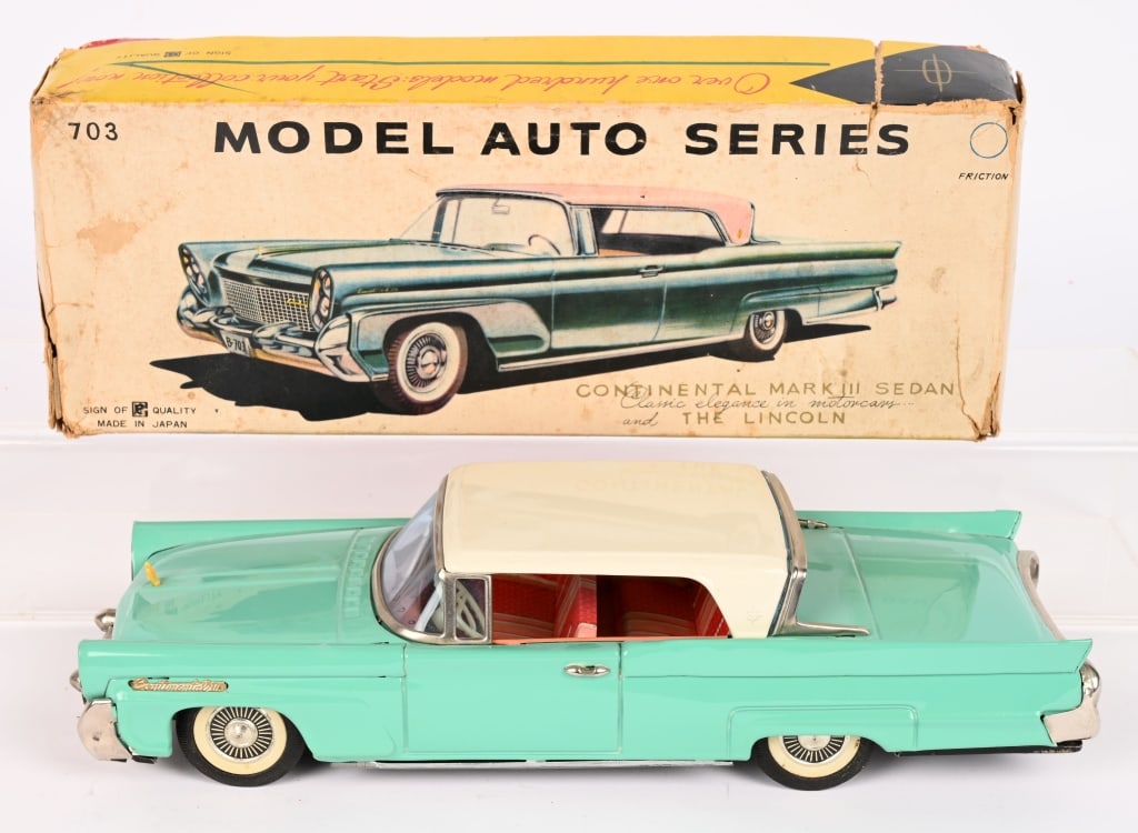 BANDAI TIN FRICTION 1958 LINCOLN MARK III w/ BOX: Very nice Lincoln Continental Sedan. Looks never played with condition. Friction works. Boxed 11 1/2" Excellent