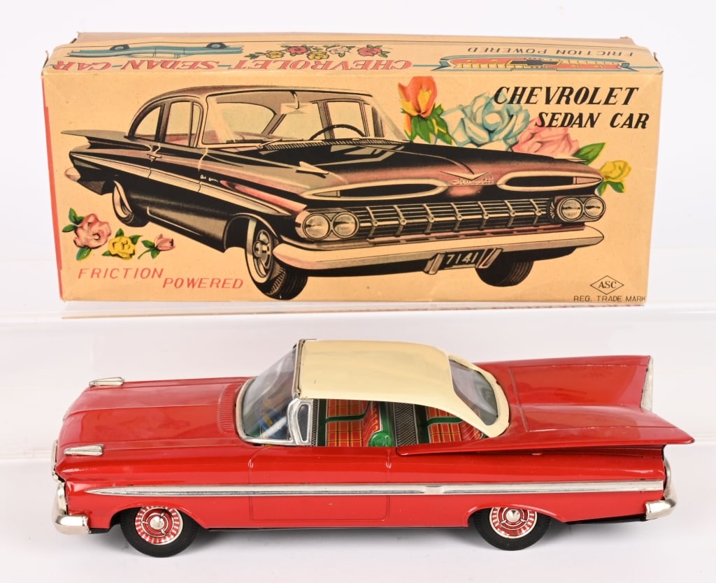 ASC TIN FRICTION 1960 CHEVROLET SEDAN w/ BOX: Very nice looking car. Looks never played with condition. Friction works. Boxed 10" Excellent