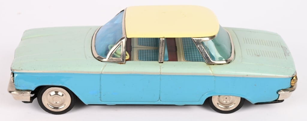 JAPAN TIN FRICTION CHEVY CORVAIR: All original in nice condition. Friction works. 9" Excellent