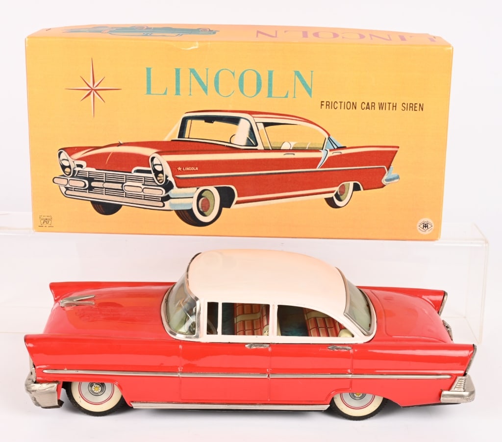 JAPAN TIN FRICTION 1956 LINCOLN SEDAN: Great looking 1956 Lincoln. All original in great condition. Friction works. Comes with reproduction Box. 12" Excellent