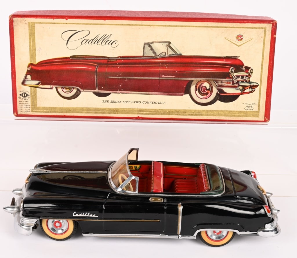ALPS TIN FRICTION 1952 CADILLAC CONVERTIBLE w/BOX: Alps Japan tin friction 1952 Cadillac Convertible. All original with very nice details. Great condition. Friction works. With Box. 11 1/2" Excellent