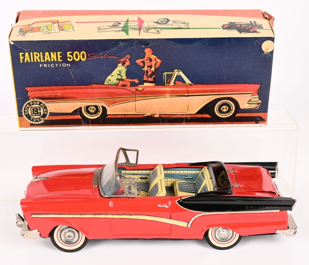 BANDAI TIN FRICTION 1956 FAIRLANE 500 w/ BOX: Great looking Fairlane Convertible. All original in great condition. Has truck that opens. Friction works. Boxed 12" Excellent