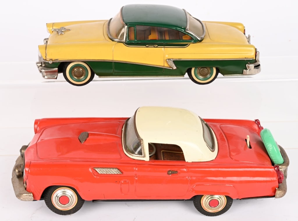 2- JAPAN TIN CARS: Includes 1956 Mercury Hard Top missing remote control and 1955 Thunderbird battery operated not working with issues in battery box. Largest 10 1/2" Very Good-Excellent
