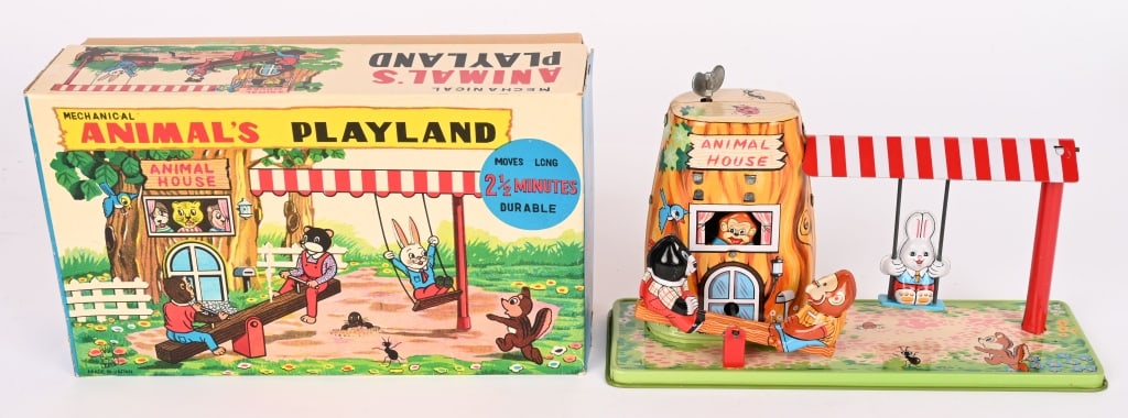 TPS TIN WINDUP ANIMAL'S PLAYLAND w/ BOX: All original never played with condition. Nice colors. Works with great actions. Boxed 9 1/2" Excellent