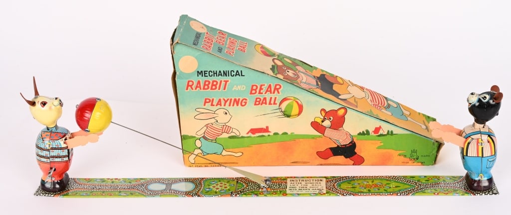 TPS TIN WINDUP RABBIT & BEAR PLAYING BALL w/ BOX: All original in great condition. Windup works. Hard to find toy. Boxed 11" Excellent