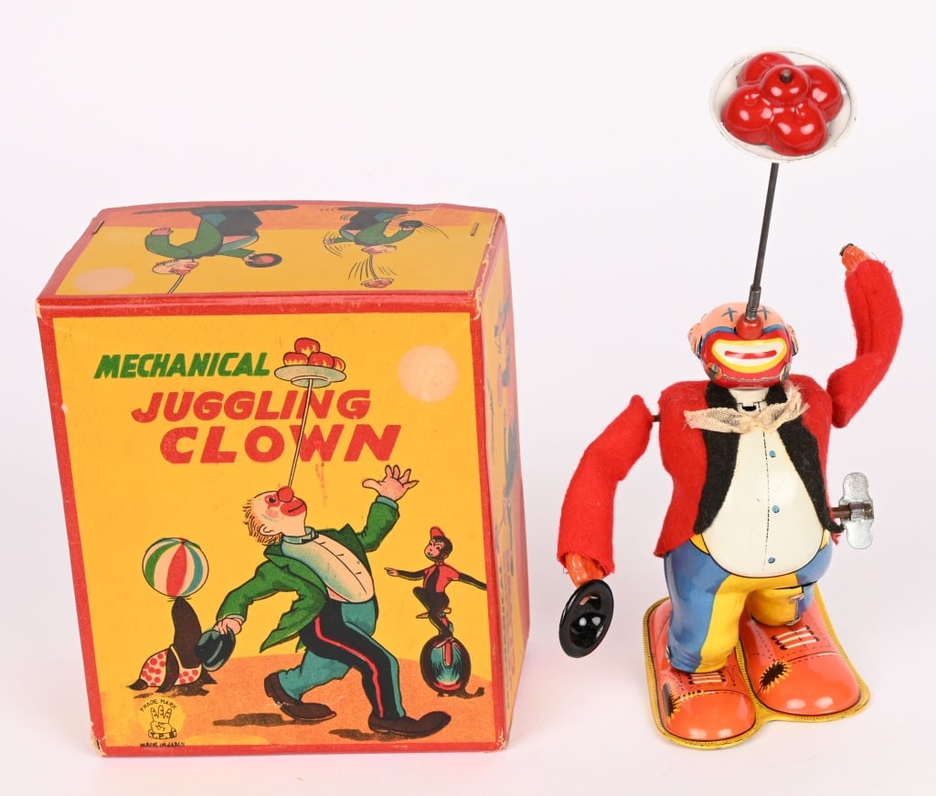 TPS TIN WINDUP JUGGLING CLOWN w/ BOX: All original in nice condition. Works. Boxed 5 1/2" Excellent