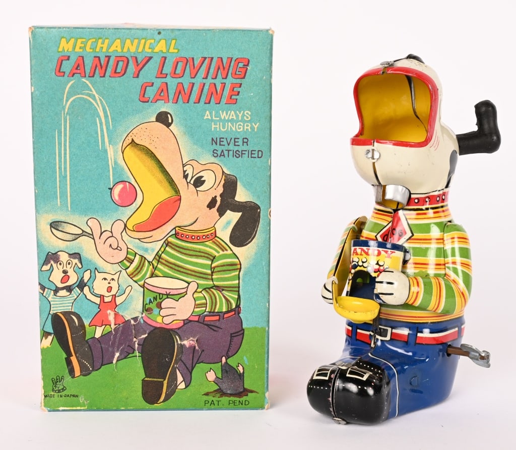 TPS TIN WINDUP CANDY LOVING CANINE w/ BOX: All original in great shape. Windup works. Boxed 5 1/2" Excellent