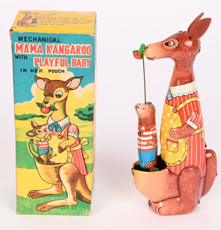 TPS TIN WINDUP MAMA KANGAROO PLAYFUL BABY w/BOX: All original in nice condition. Works. Boxed 6" Excellent