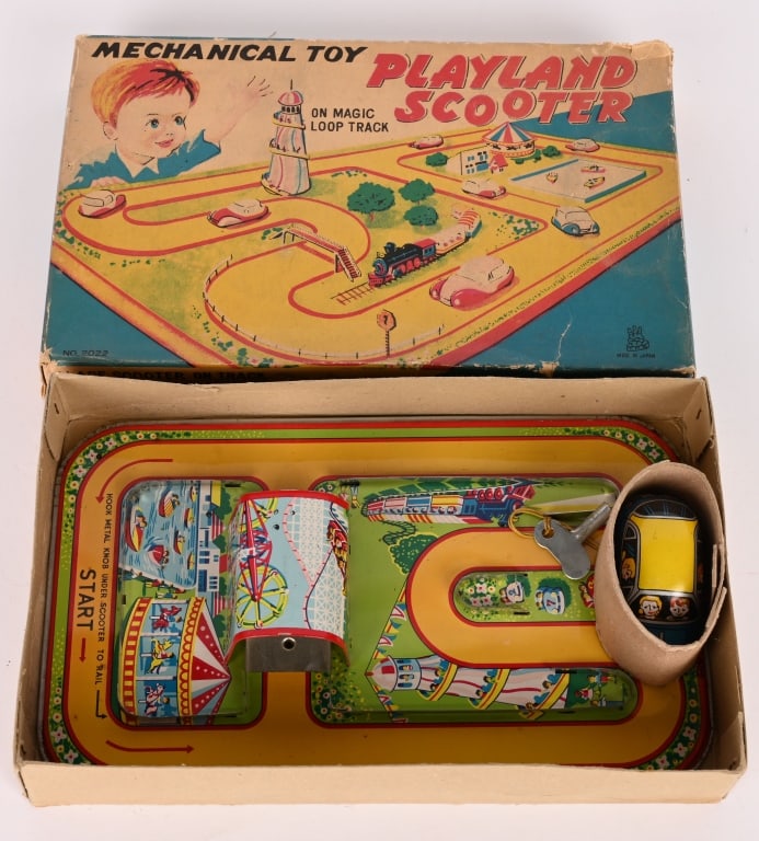 TPS TIN WINDUP PLAYLAND SCOOTER w/ BOX: All original and complete. Never played with condition. Works. Boxed 9" Excellent
