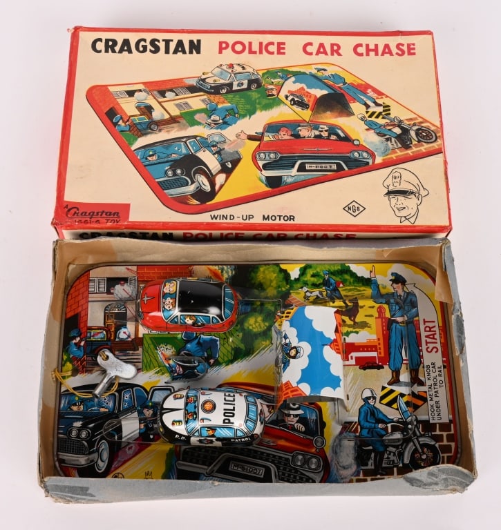 TPS TIN WINDUP POLICE CAR CHASE w/ BOX: All original and complete with both cars. Never played with condition. Works. Boxed 9" Excellent