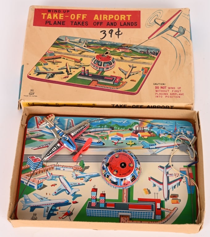 TPS TIN WINDUP TAKE-OFF AIRPORT w/ BOX: All original and complete with plane. Never played with condition. Works. Boxed 9" Excellent