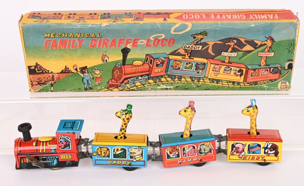 TPS TIN WINDUP FAMILY GIRAFFE LOCO w/ BOX: All original never played with condition. Windup works. Hard to find toy. Boxed 11" Excellent