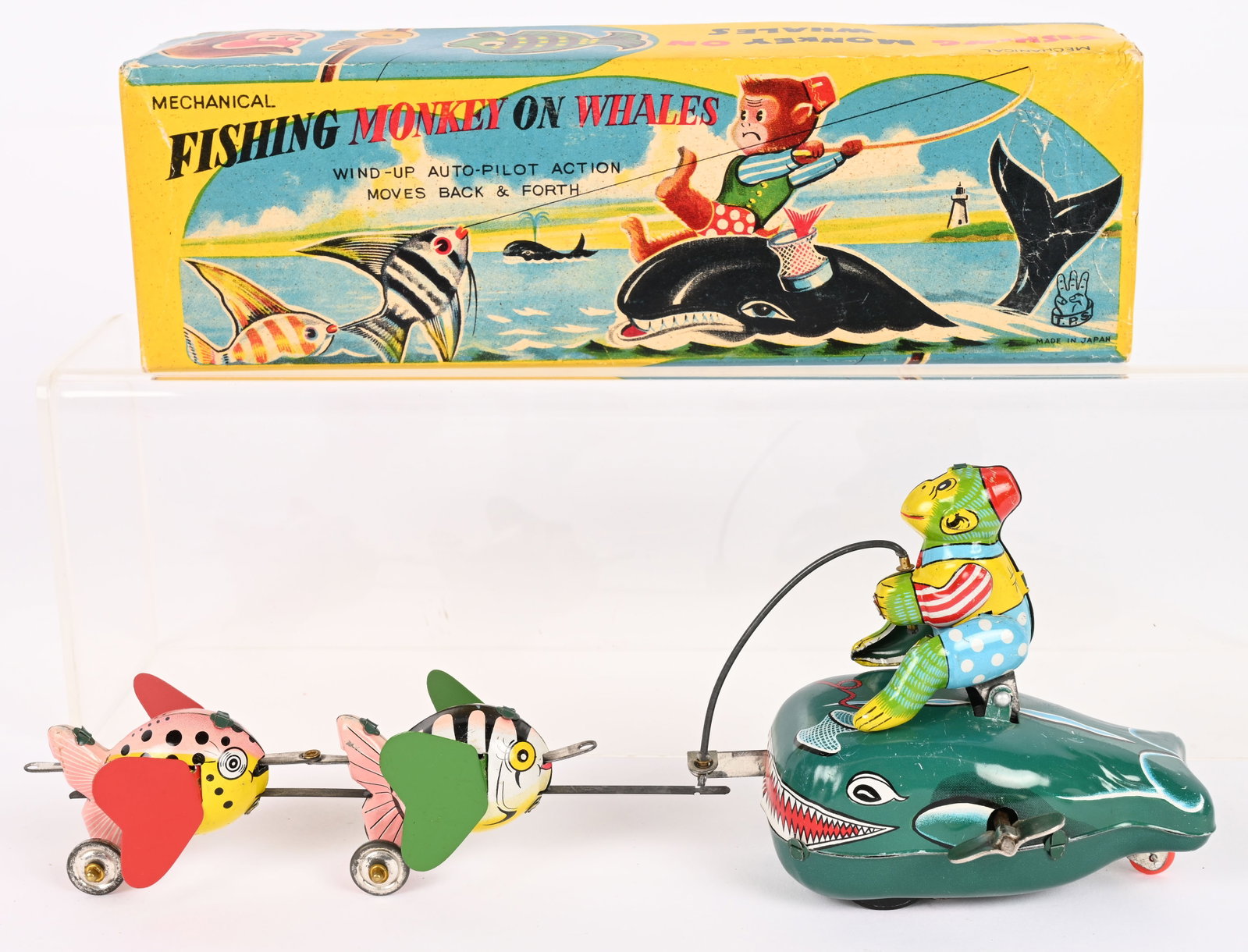 TPS TIN WINDUP FISHING MONKEY ON WHALE w/ BOX (1 of 8)