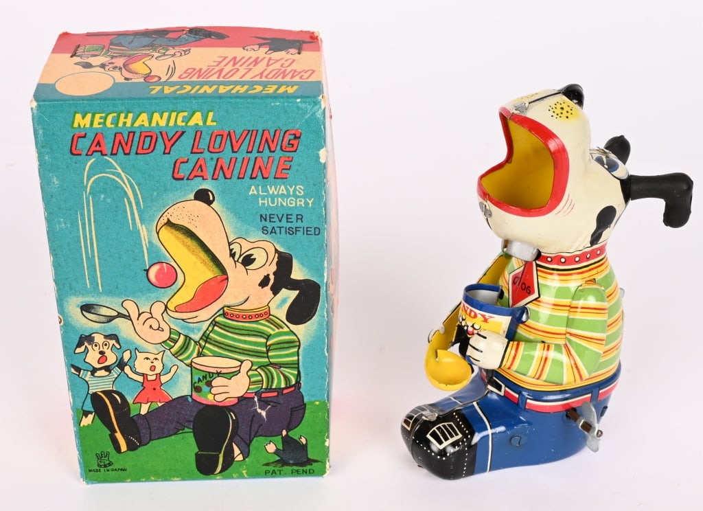 TPS TIN WINDUP CANDY LOVING CANINE w/ BOX: All original in great shape. Works. Boxed 6" Excellent