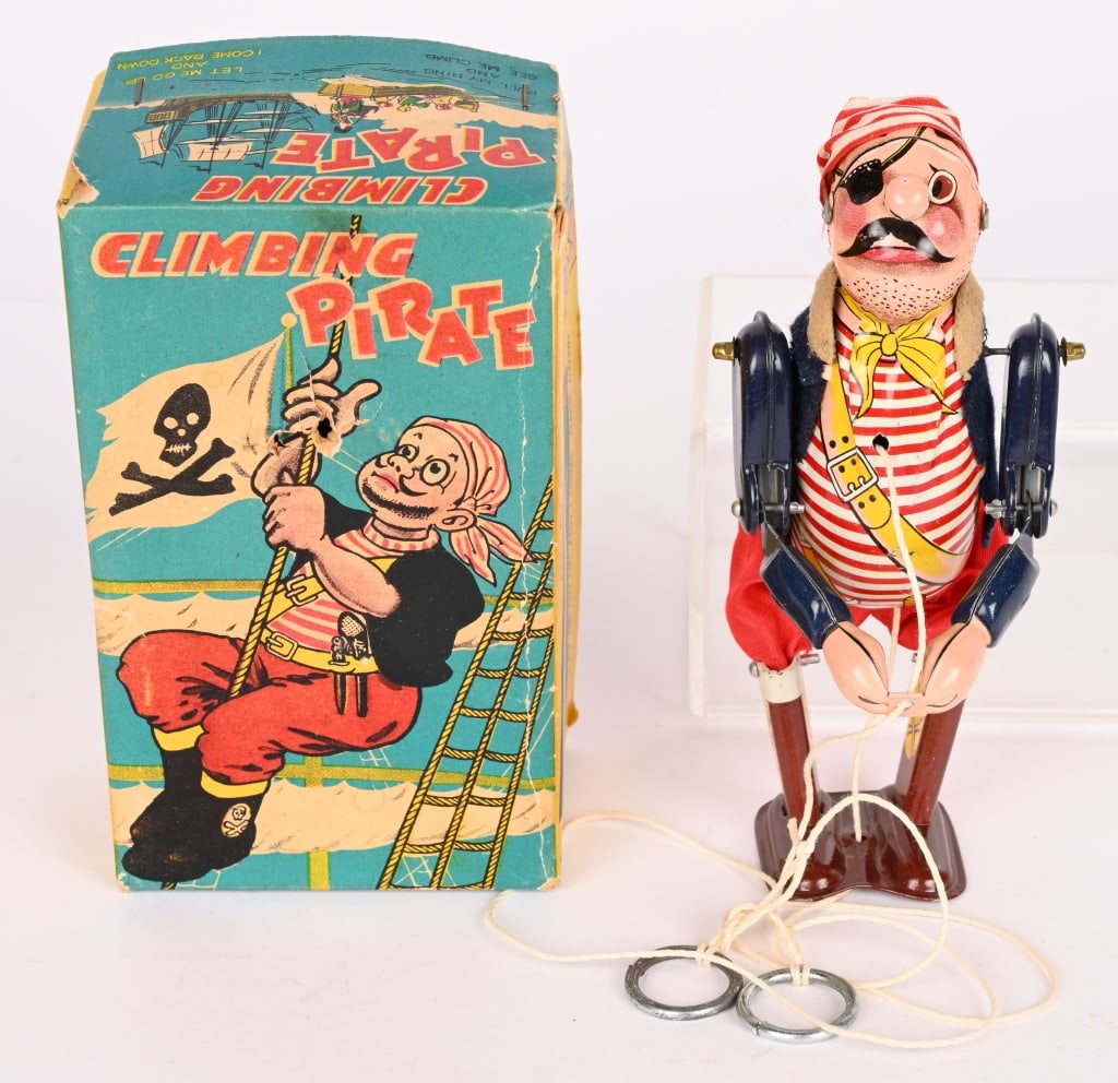 TPS TIN CLIMBING PIRATE w/ BOX: All original in great shape. Works. Boxed 5 1/2" Excellent