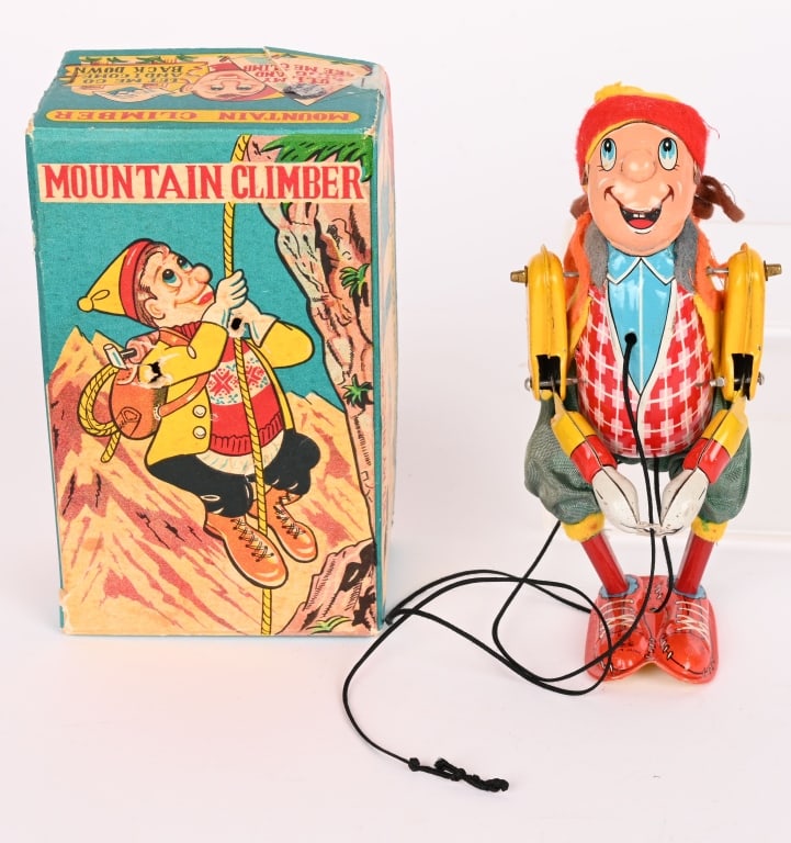 TPS TIN MOUNTAIN CLIMBER w/ BOX: All original in great shape. Works. Boxed 5 1/2" Excellent