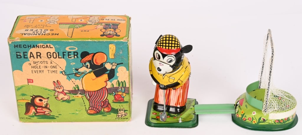 TPS TIN WINDUP BEAR GOLFER w/ BOX: All original and complete. Works. Boxed 5 1/2" Excellent