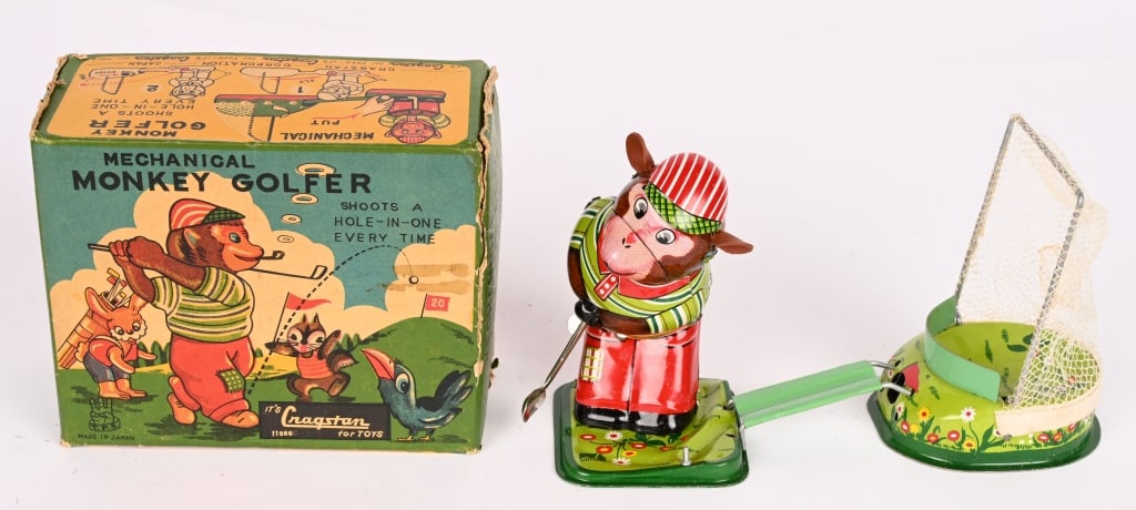 TPS TIN WINDUP MONKEY GOLFER w/ BOX: All original and complete. Works. Boxed 5 1/2" Excellent