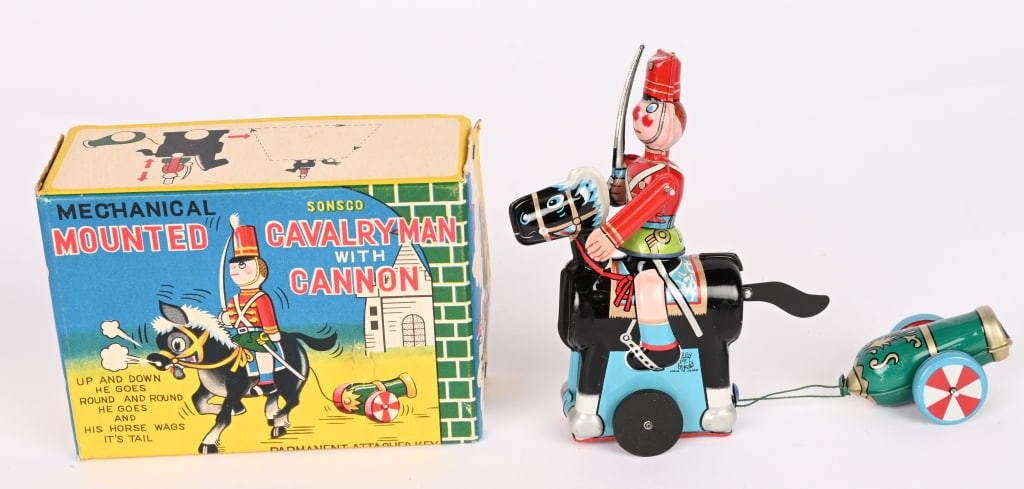 TPS WINDUP MOUNTED CALVERYMAN & CANNON w/ BOX: All original in great condition. Works. Boxed 5 1/2" Excellent