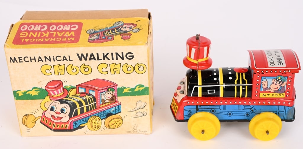 TPS TIN WINDUP WALKING CHOO CHOO w/ BOX: All original in great shape. Works. Boxed 4 1/2" Excellent