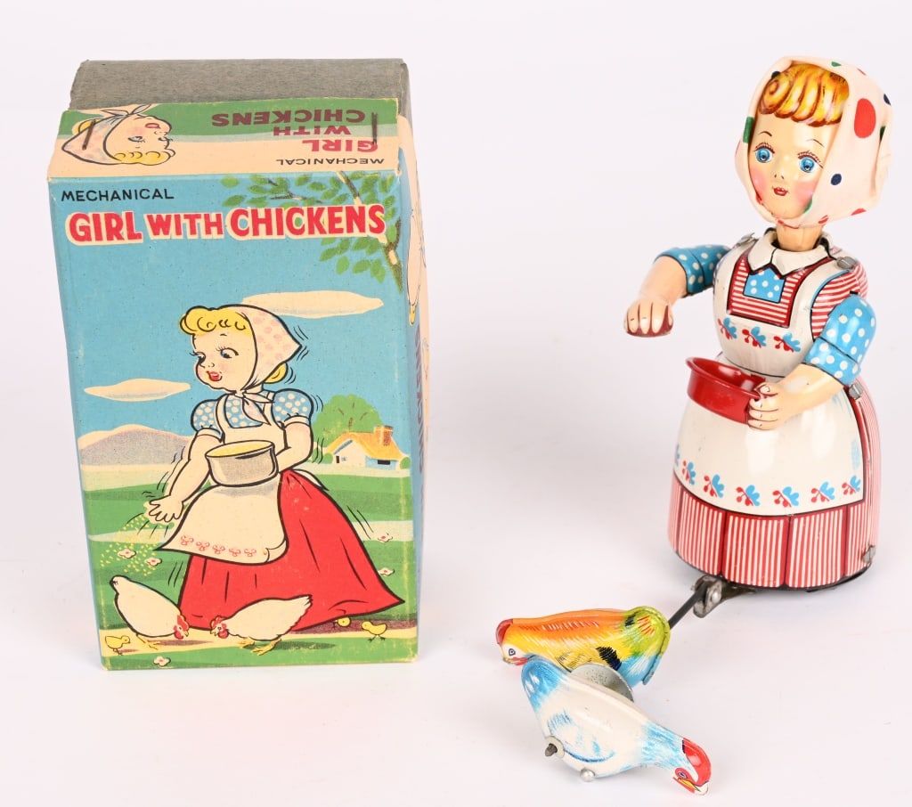TPS TIN WINDUP GIRL WITH CHICKENS w/ BOX: All original in great shape. Works. Boxed 5" Excellent
