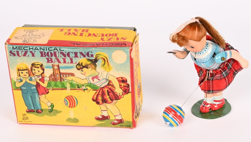 TPS TIN WINDUP SUZY BOUNCING BALL w/ BOX: All original in great shape. Works. Boxed 6" Excellent