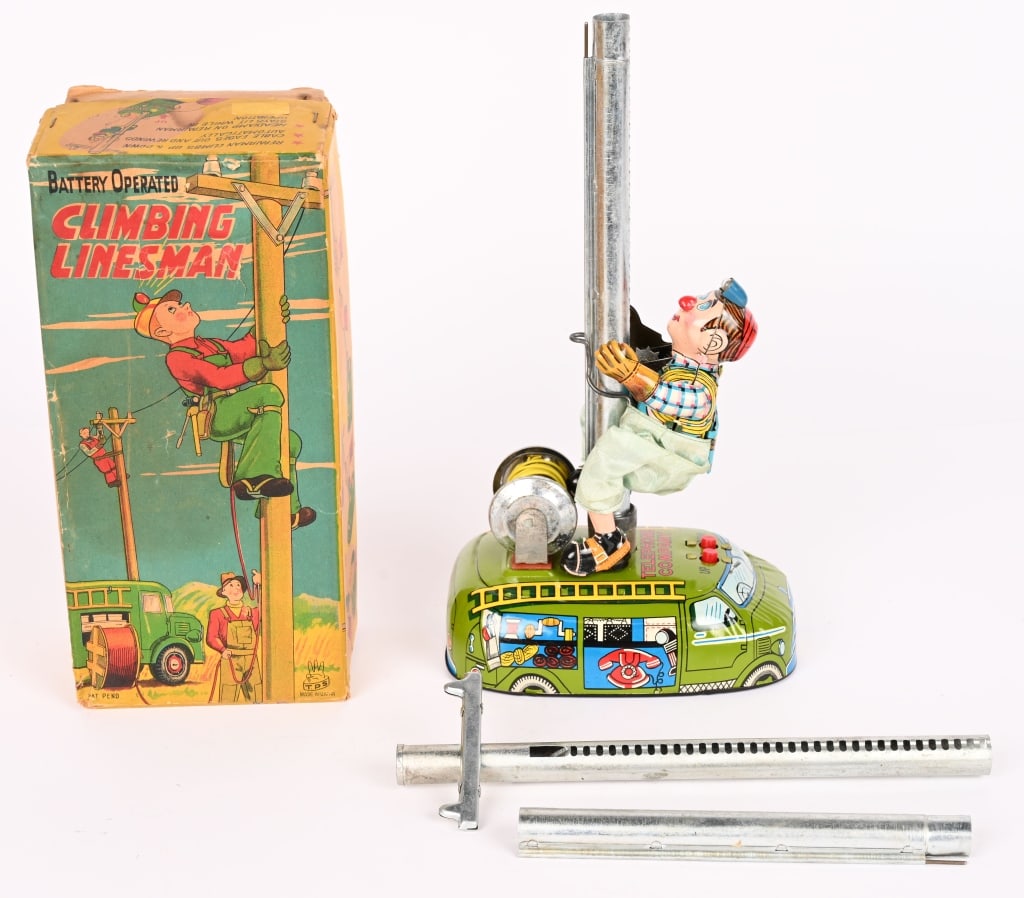 TPS BATTERY OP CLIMBING LINESMAN w/ BOX: All original and complete. Very nice condition. Worked when tested. Boxed 9" Excellent