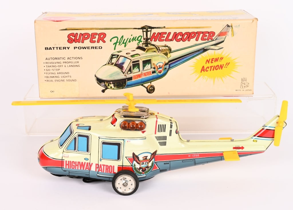 TPS BATTERY OP SUPER FLYING HELICOPTER w/ BOX: All original and complete. Nice condition. Worked when tested. Boxed 14" Excellent