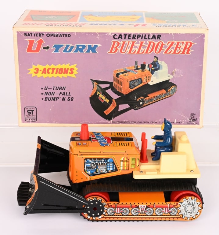TPS BATTERY OP U-TURN BULLDOZER w/ BOX: All original in great shape. Worked when tested. Boxed 11" Excellent