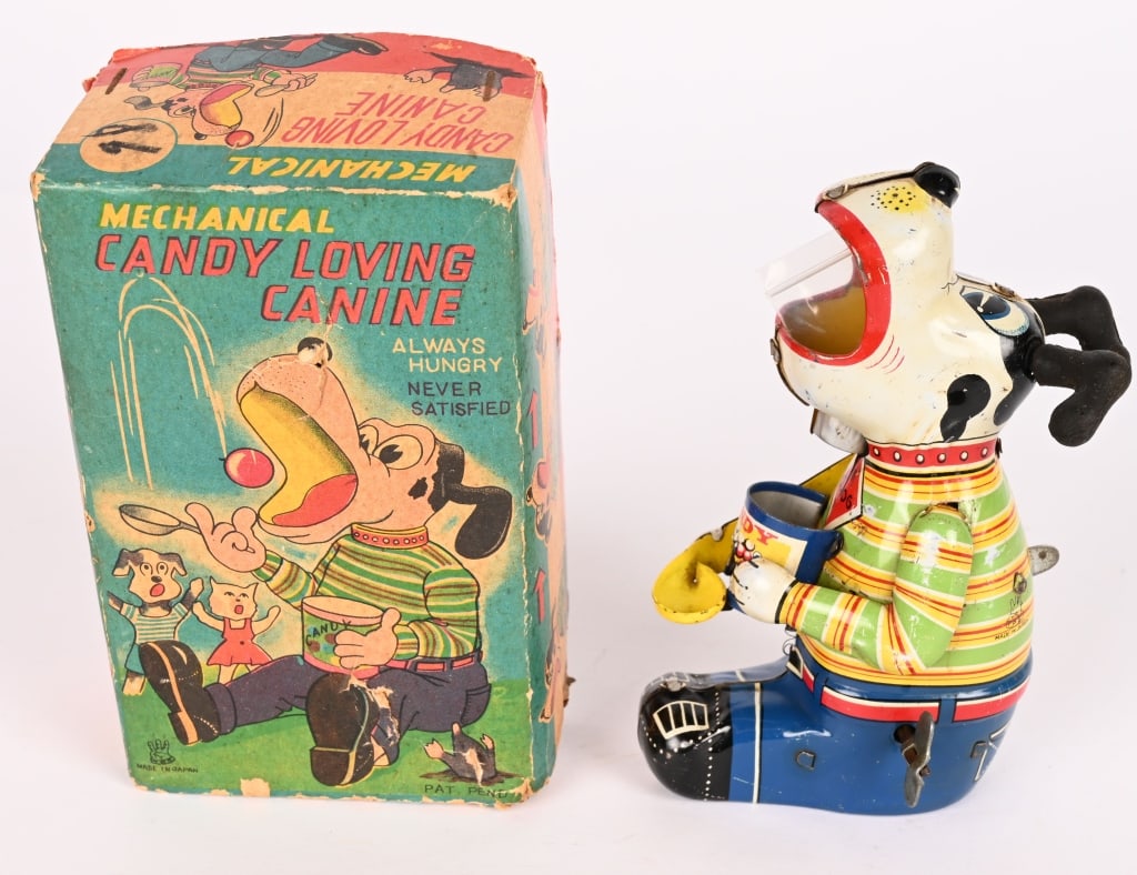 TPS TIN WINDUP CANDY LOVING CANINE w/ BOX: All original in great shape. Works. Boxed 6" Excellent