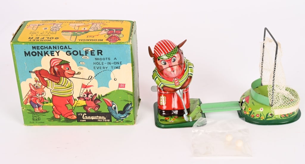 TPS TIN WINDUP MONKEY GOLFER w/ BOX: All original and complete. Works. Boxed 5 1/2" Excellent