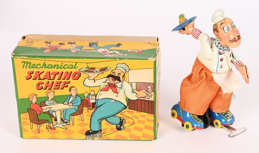 TPS TIN WINDUP SKATING CHEF w/ BOX: All original in great shape. Works. Boxed 6" Excellent