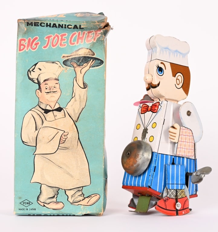 JAPAN TIN WINDUP BIG JOE CHEF w/BOX: All original in nice shape. Works. Boxed 6 1/2" Excellent