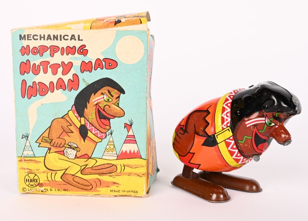 MARX TIN WINDUP HOPPING NUTTY MAD INDIAN w/ BOX: All original in great shape. Works. Boxed 4" Excellent