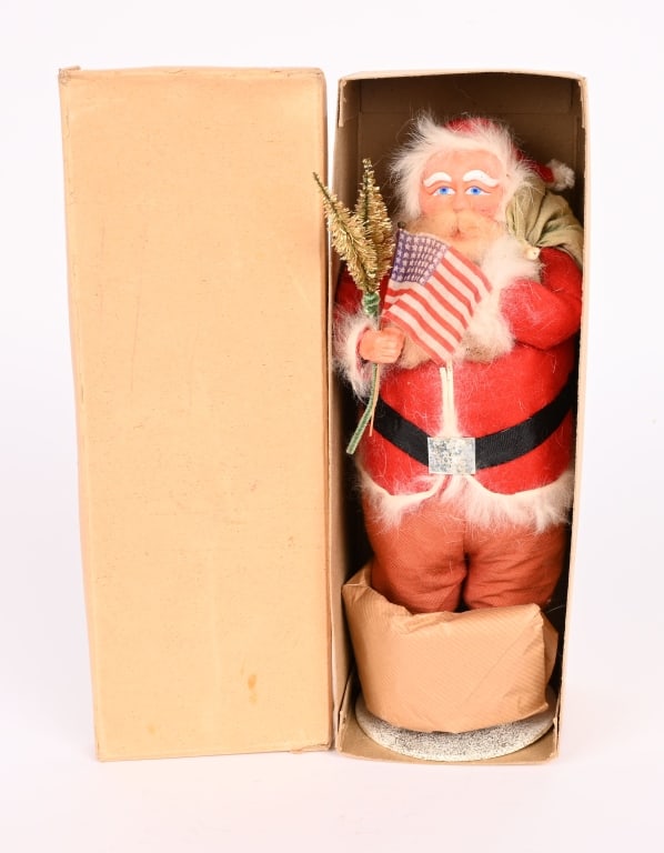 JAPAN COMPOSITION SANTA CLAUS AMERICAN FLAG BOX: Great looking all original Japan Santa Claus with composition face, holding and American flag and Christmas tree. Very detailed. Includes original box. 10" Excellent