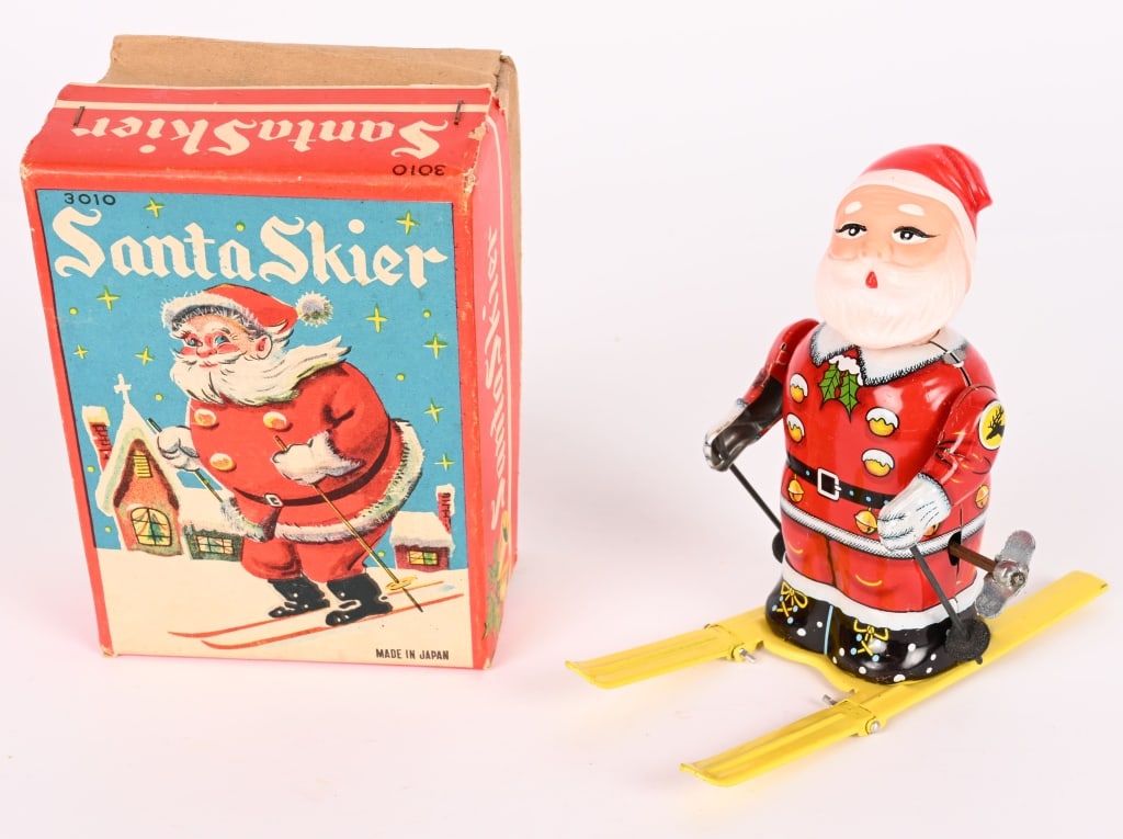 JAPAN TIN WINDUP SANTA SKIER w/ BOX: All original in nice shape. Works. Boxed 5 1/2" Excellent