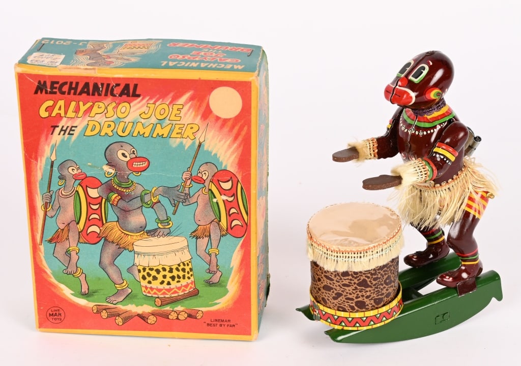 LINEMAR TIN WINDUP CALYPSO JOE DRUMMER w/ BOX: All original looks never played with. Works. Boxed 6" Excellent