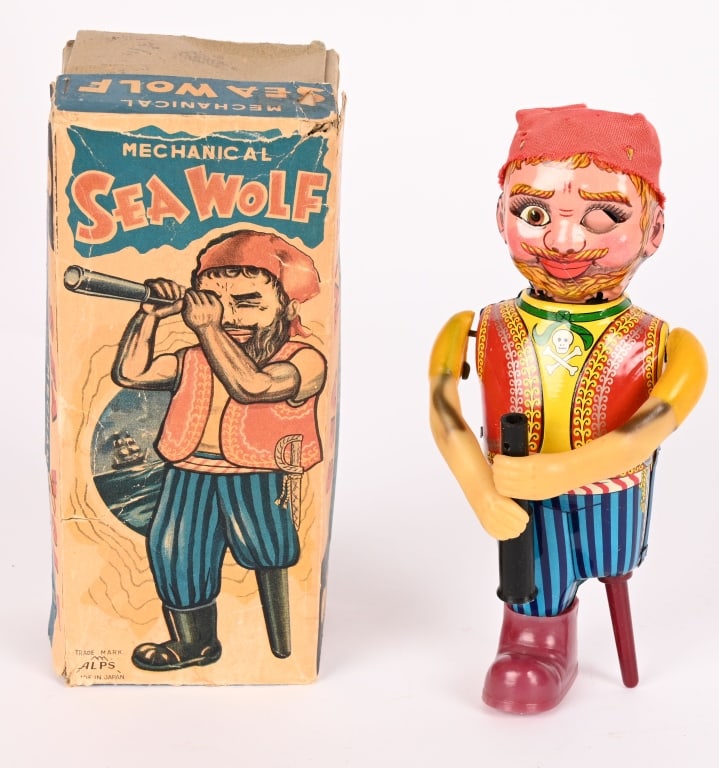 JAPAN TIN WINDUP SEA WOLF PIRATE w/ BOX: All original in great shape. Works. Boxed 7" Excellent