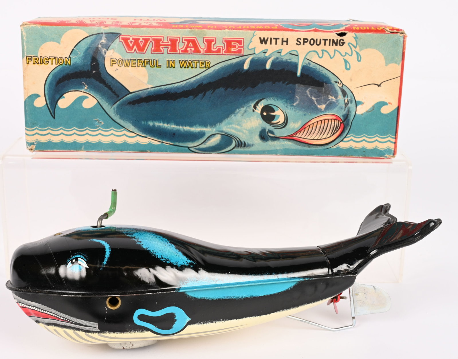 JAPAN TIN WINDUP WHALE WITH SPOUTING w/ BOX: All original in great shape. Works. Boxed 10" Excellent