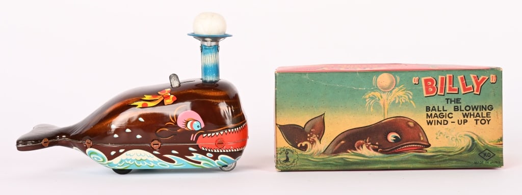 JAPAN TIN WINDUP BILLY THE WHALE WITH BALL w/ BOX: All original in great shape. Comes with ball. Works. Boxed 6" Excellent