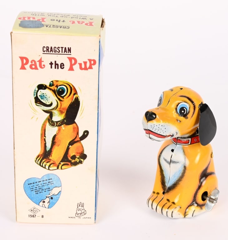 TPS TIN WINDUP PAT THE PUP w/ BOX: All original in great shape. Windup works. Boxed 7" Excellent