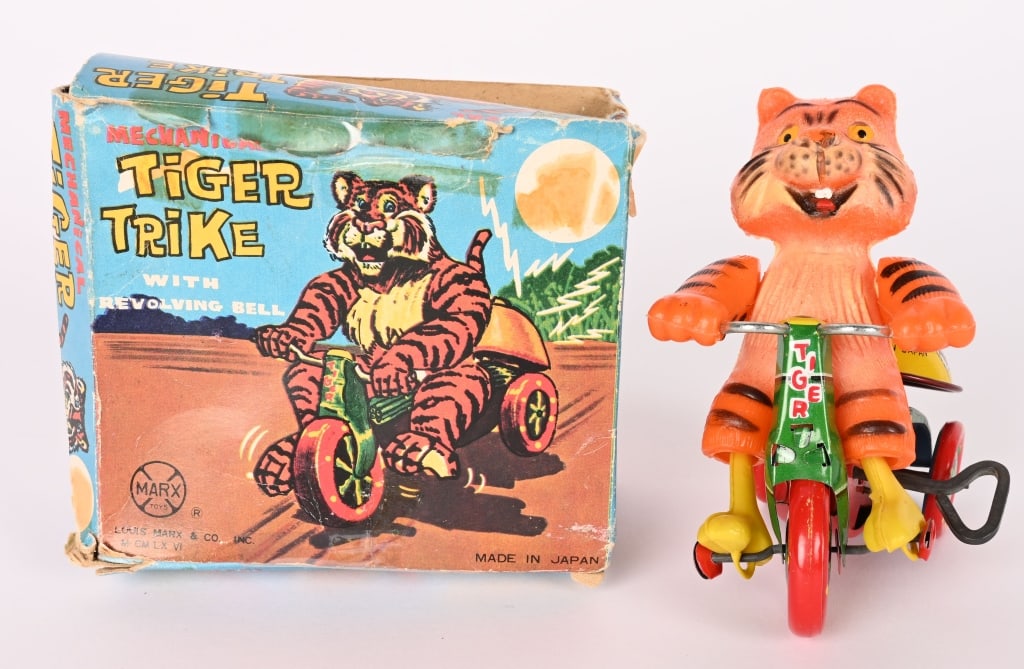 MARX TIN WINDUP TIGER TRIKE w/ BOX: All original in great shape. Works. Boxed 4" Excellent